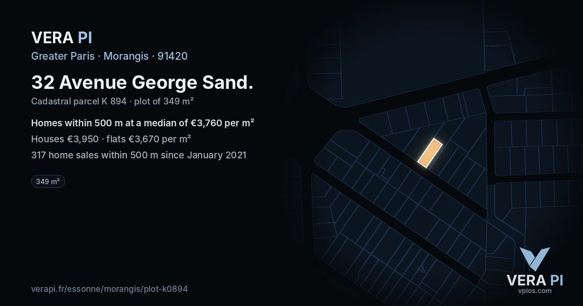32 Avenue George Sand, Morangis at night – the plot lit, the parcels around coloured by the prices near them