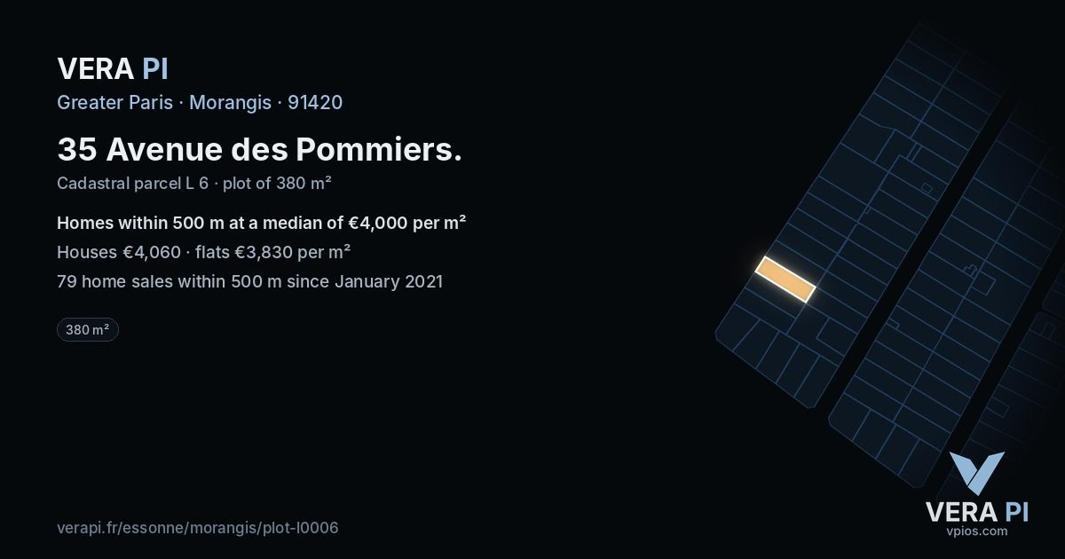 35 Avenue des Pommiers, Morangis at night – the plot lit, the parcels around coloured by the prices near them