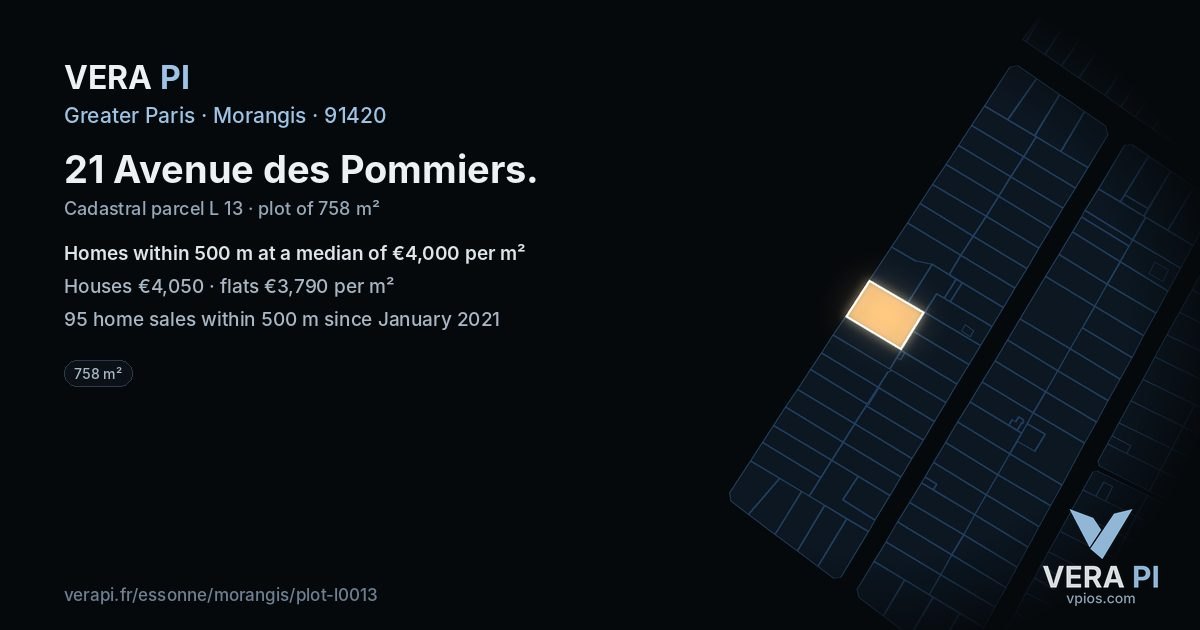 21 Avenue des Pommiers, Morangis at night – the plot lit, the parcels around coloured by the prices near them