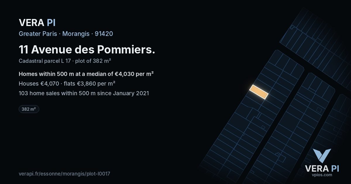 11 Avenue des Pommiers, Morangis at night – the plot lit, the parcels around coloured by the prices near them