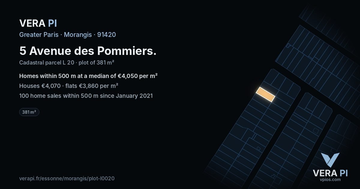 5 Avenue des Pommiers, Morangis at night – the plot lit, the parcels around coloured by the prices near them