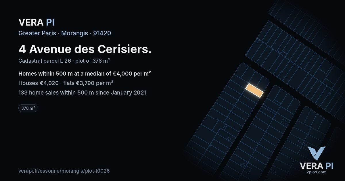 4 Avenue des Cerisiers, Morangis at night – the plot lit, the parcels around coloured by the prices near them