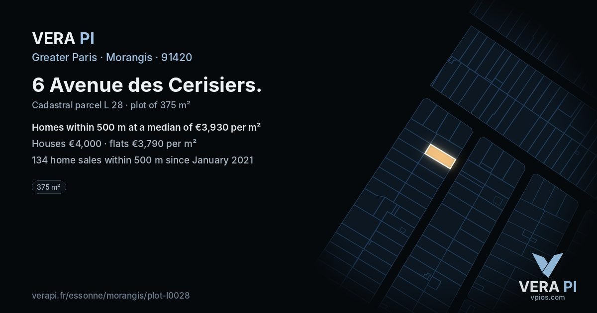6 Avenue des Cerisiers, Morangis at night – the plot lit, the parcels around coloured by the prices near them