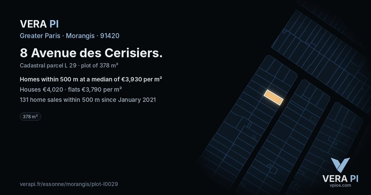 8 Avenue des Cerisiers, Morangis at night – the plot lit, the parcels around coloured by the prices near them