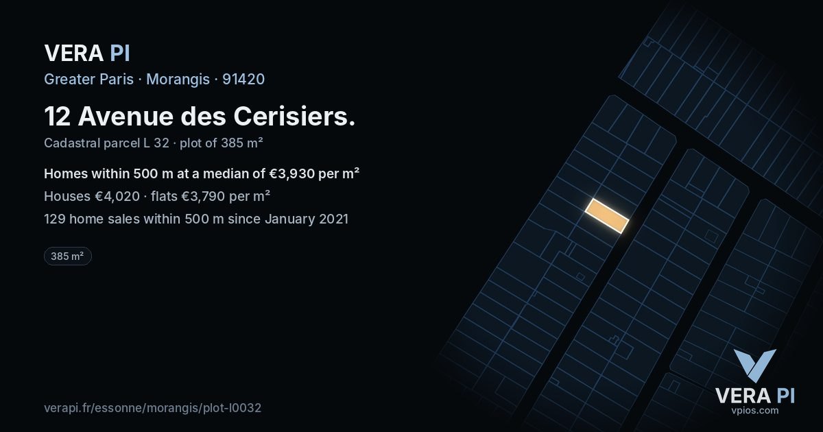 12 Avenue des Cerisiers, Morangis at night – the plot lit, the parcels around coloured by the prices near them