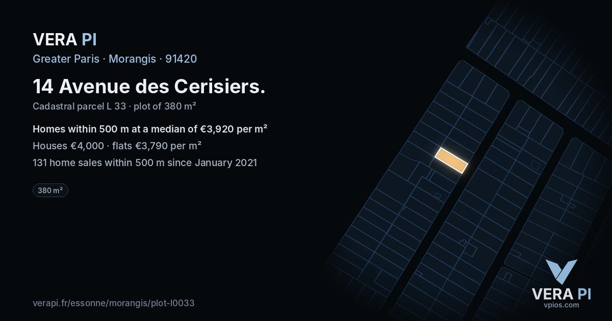 14 Avenue des Cerisiers, Morangis at night – the plot lit, the parcels around coloured by the prices near them