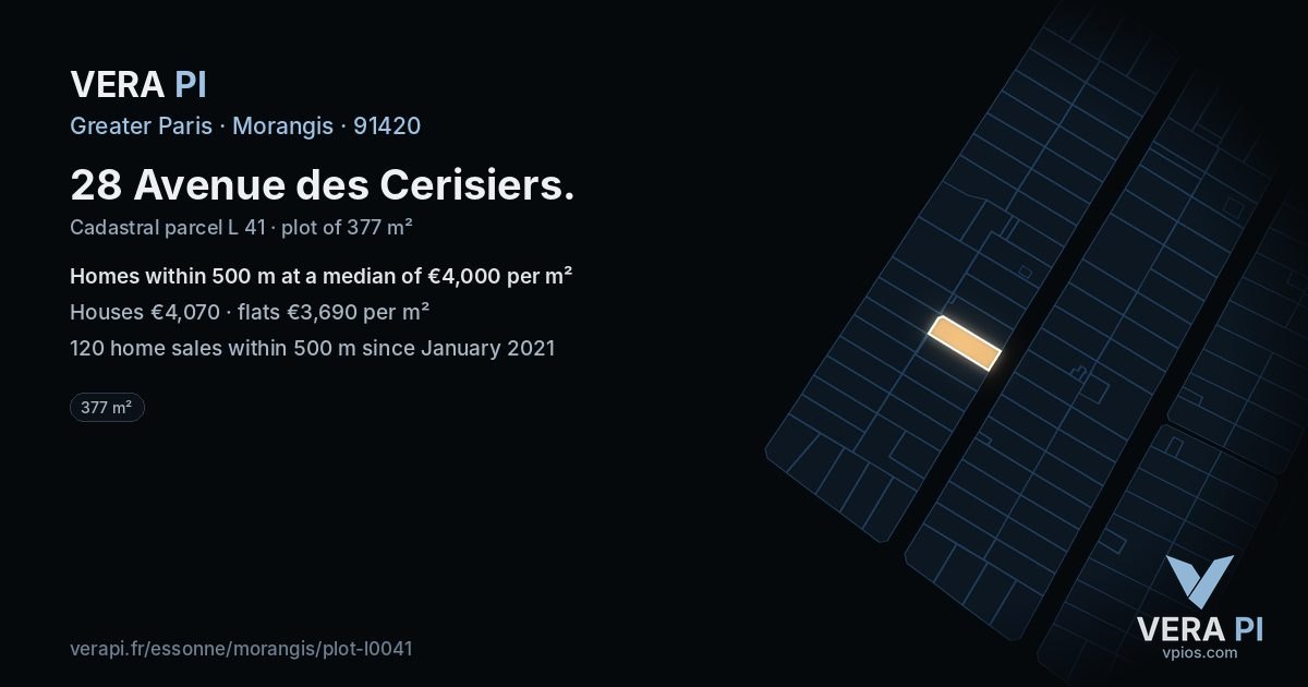 28 Avenue des Cerisiers, Morangis at night – the plot lit, the parcels around coloured by the prices near them