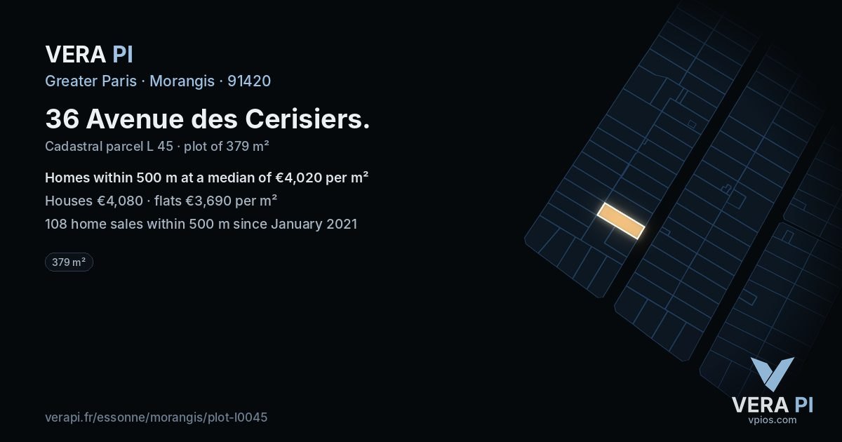 36 Avenue des Cerisiers, Morangis at night – the plot lit, the parcels around coloured by the prices near them