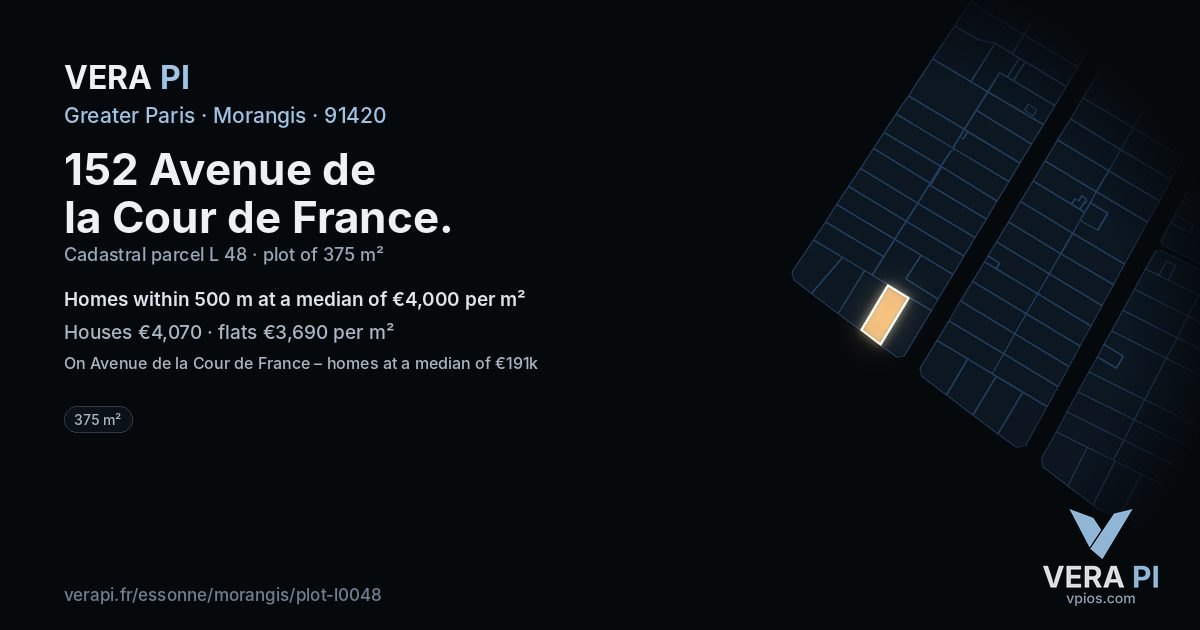 152 Avenue de la Cour de France, Morangis at night – the plot lit, the parcels around coloured by the prices near them