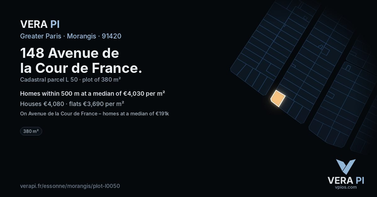 148 Avenue de la Cour de France, Morangis at night – the plot lit, the parcels around coloured by the prices near them