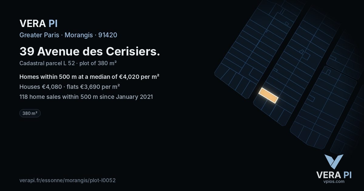 39 Avenue des Cerisiers, Morangis at night – the plot lit, the parcels around coloured by the prices near them