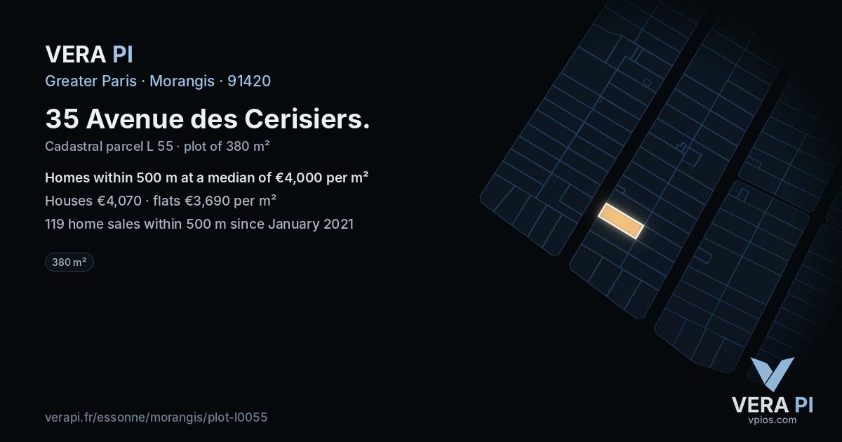 35 Avenue des Cerisiers, Morangis at night – the plot lit, the parcels around coloured by the prices near them