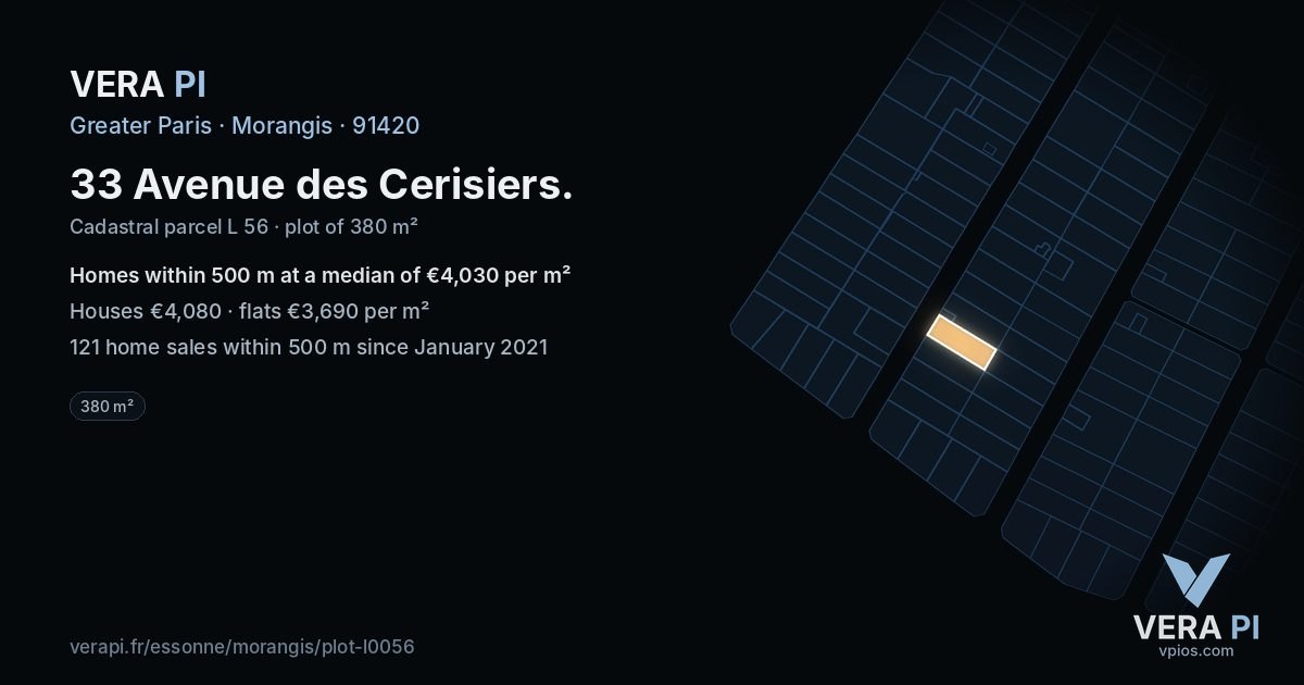 33 Avenue des Cerisiers, Morangis at night – the plot lit, the parcels around coloured by the prices near them