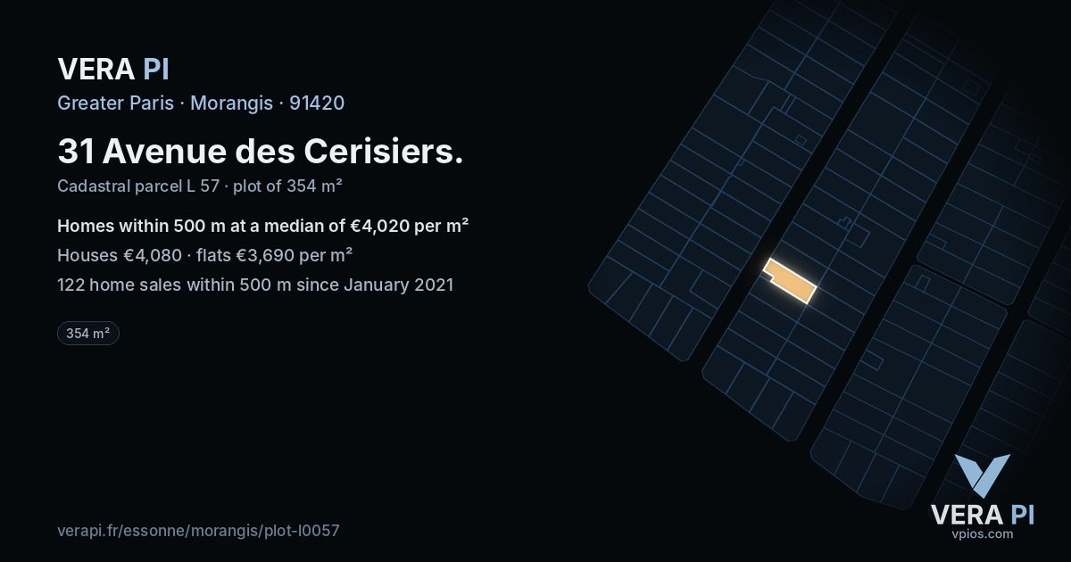 31 Avenue des Cerisiers, Morangis at night – the plot lit, the parcels around coloured by the prices near them