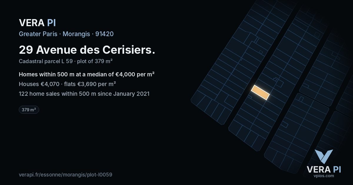 29 Avenue des Cerisiers, Morangis at night – the plot lit, the parcels around coloured by the prices near them