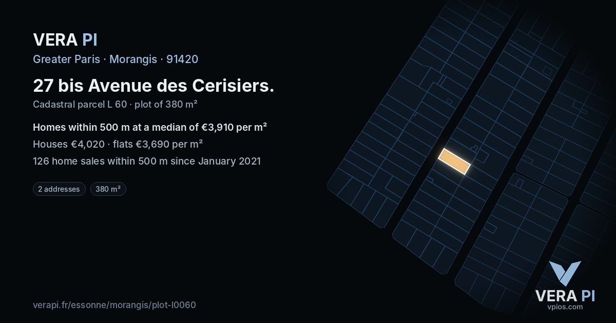 27 bis Avenue des Cerisiers, Morangis at night – the plot lit, the parcels around coloured by the prices near them