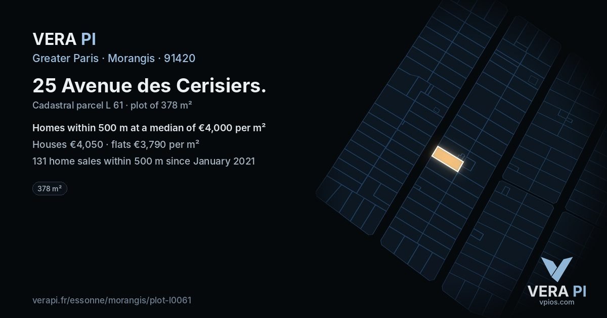 25 Avenue des Cerisiers, Morangis at night – the plot lit, the parcels around coloured by the prices near them