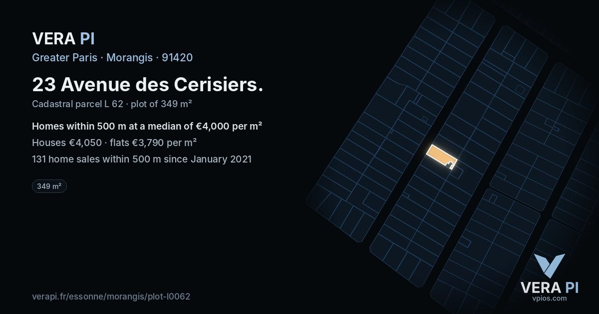 23 Avenue des Cerisiers, Morangis at night – the plot lit, the parcels around coloured by the prices near them
