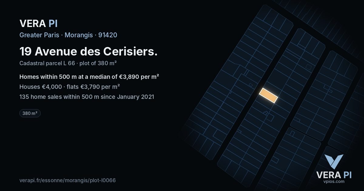 19 Avenue des Cerisiers, Morangis at night – the plot lit, the parcels around coloured by the prices near them