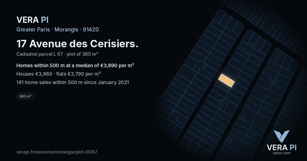 17 Avenue des Cerisiers, Morangis at night – the plot lit, the parcels around coloured by the prices near them