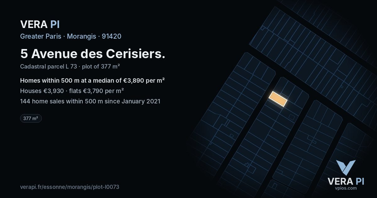 5 Avenue des Cerisiers, Morangis at night – the plot lit, the parcels around coloured by the prices near them