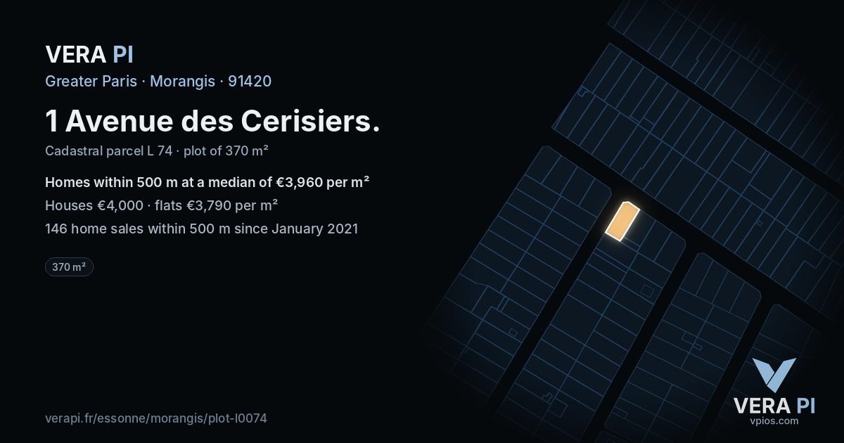 1 Avenue des Cerisiers, Morangis at night – the plot lit, the parcels around coloured by the prices near them