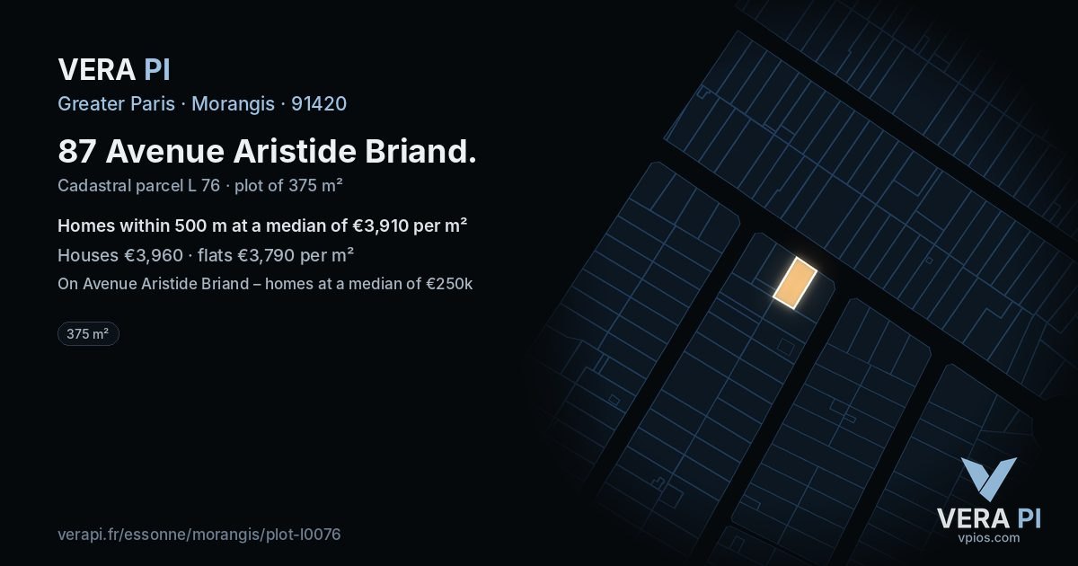 87 Avenue Aristide Briand, Morangis at night – the plot lit, the parcels around coloured by the prices near them