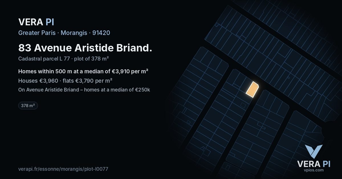 83 Avenue Aristide Briand, Morangis at night – the plot lit, the parcels around coloured by the prices near them