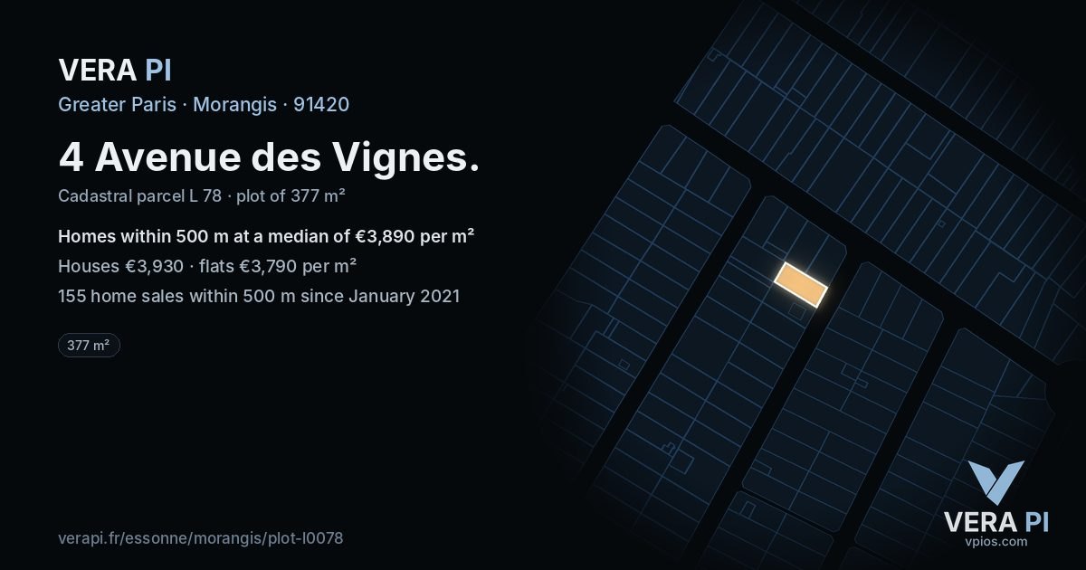 4 Avenue des Vignes, Morangis at night – the plot lit, the parcels around coloured by the prices near them