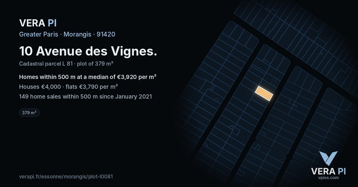 10 Avenue des Vignes, Morangis at night – the plot lit, the parcels around coloured by the prices near them