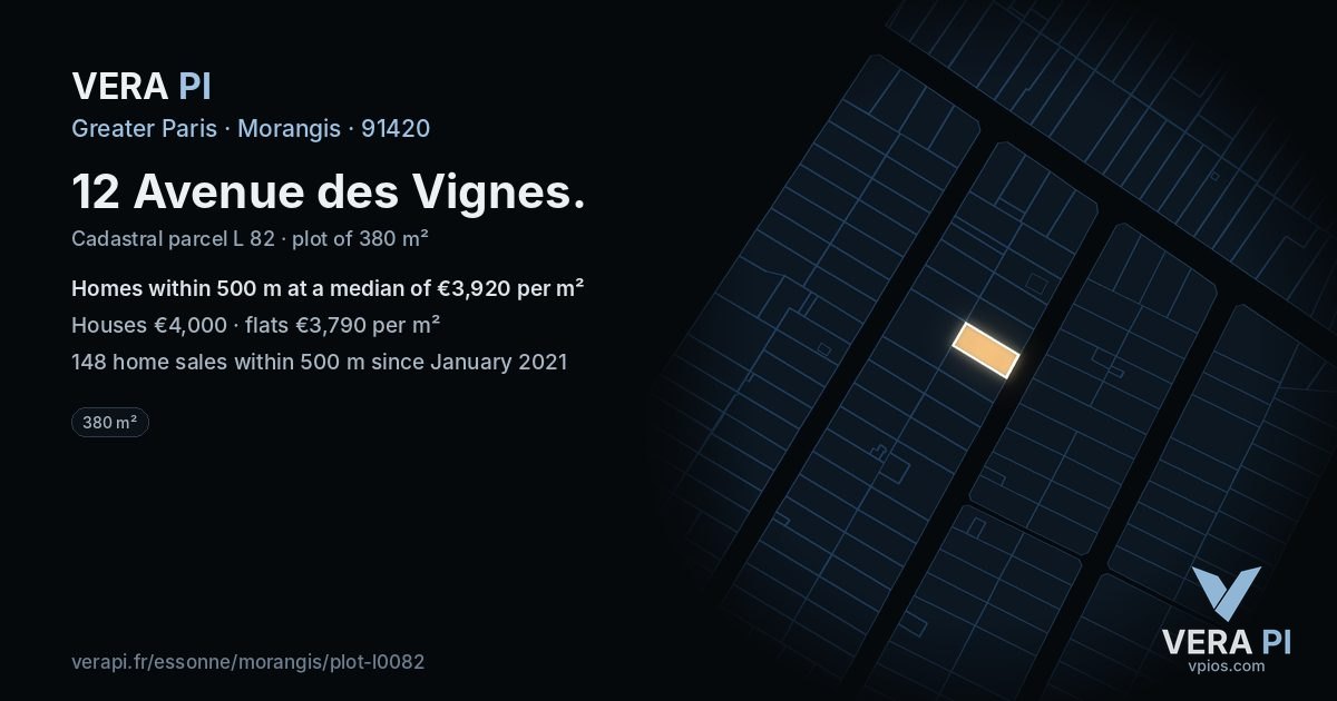 12 Avenue des Vignes, Morangis at night – the plot lit, the parcels around coloured by the prices near them