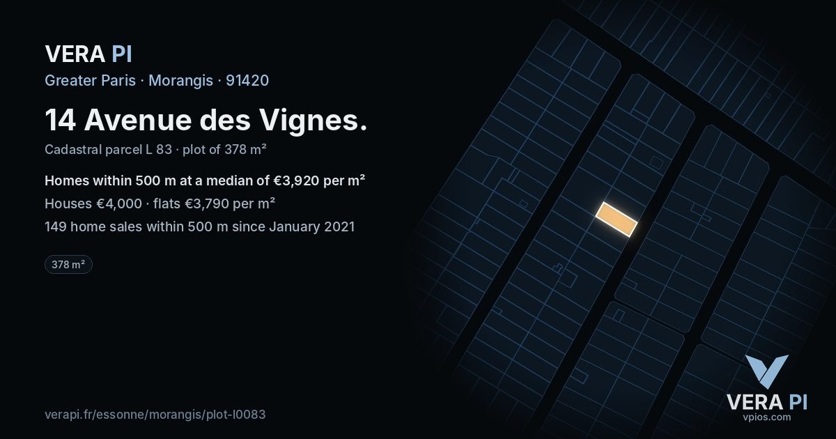 14 Avenue des Vignes, Morangis at night – the plot lit, the parcels around coloured by the prices near them