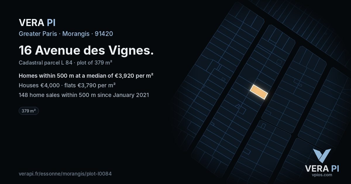 16 Avenue des Vignes, Morangis at night – the plot lit, the parcels around coloured by the prices near them