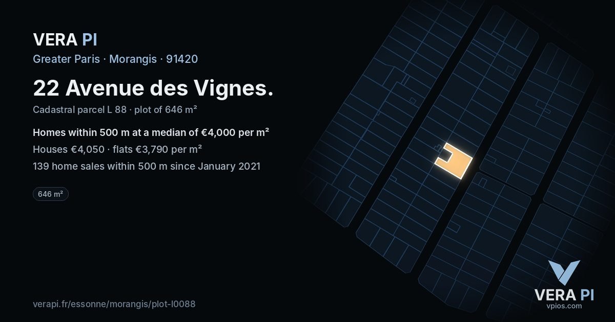 22 Avenue des Vignes, Morangis at night – the plot lit, the parcels around coloured by the prices near them