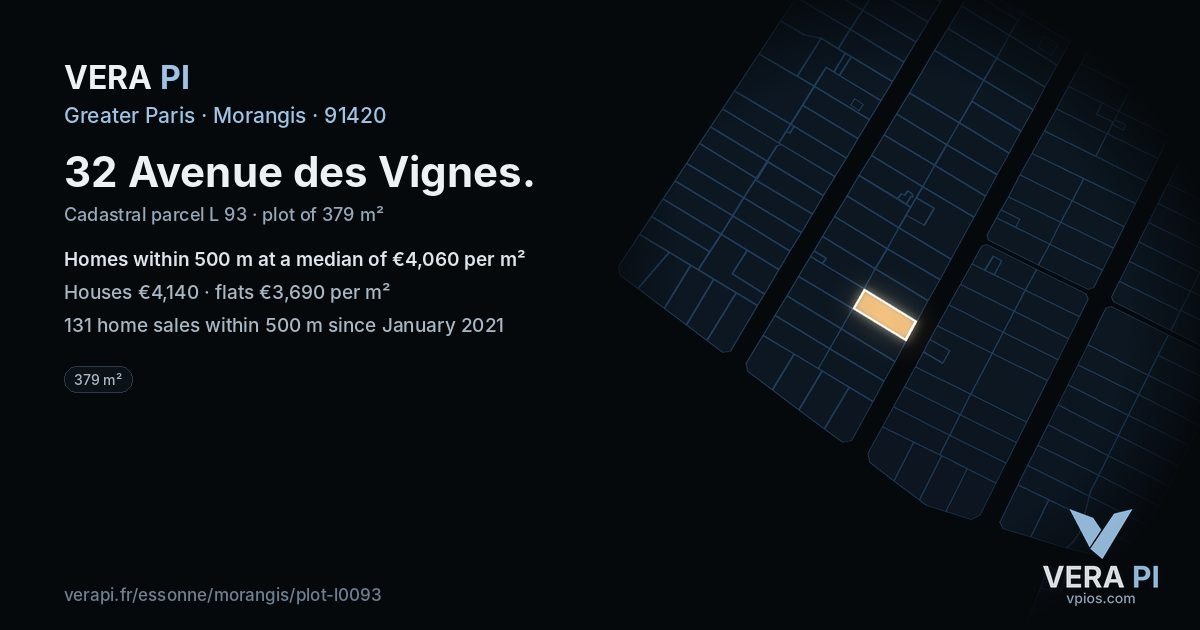 32 Avenue des Vignes, Morangis at night – the plot lit, the parcels around coloured by the prices near them