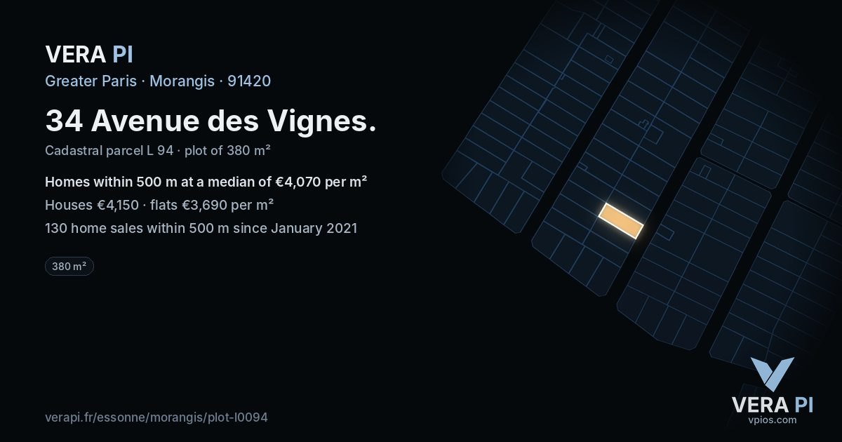 34 Avenue des Vignes, Morangis at night – the plot lit, the parcels around coloured by the prices near them