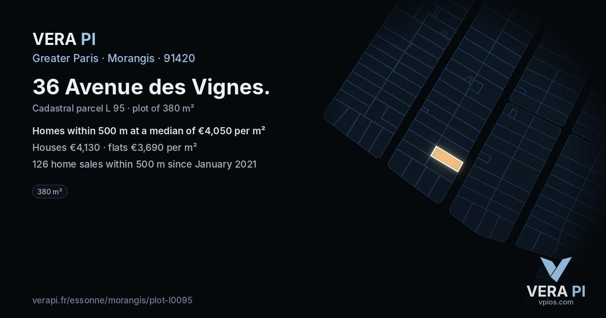 36 Avenue des Vignes, Morangis at night – the plot lit, the parcels around coloured by the prices near them