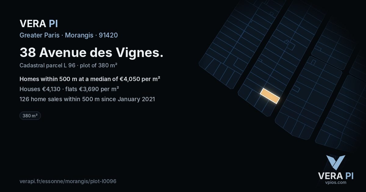38 Avenue des Vignes, Morangis at night – the plot lit, the parcels around coloured by the prices near them