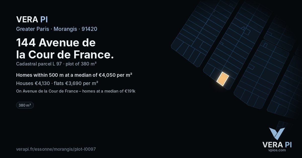 144 Avenue de la Cour de France, Morangis at night – the plot lit, the parcels around coloured by the prices near them