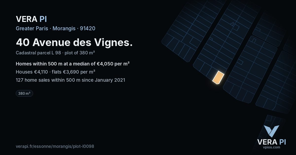 40 Avenue des Vignes, Morangis at night – the plot lit, the parcels around coloured by the prices near them