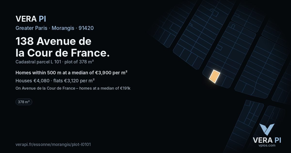 138 Avenue de la Cour de France, Morangis at night – the plot lit, the parcels around coloured by the prices near them