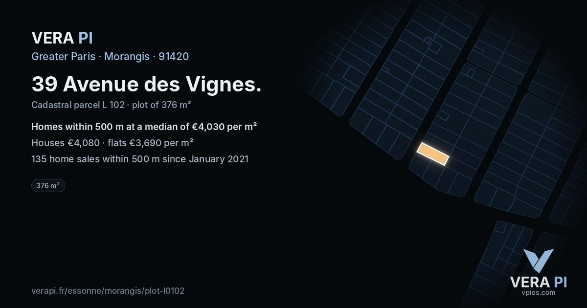 39 Avenue des Vignes, Morangis at night – the plot lit, the parcels around coloured by the prices near them