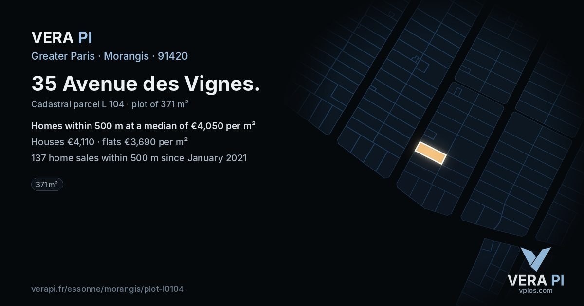 35 Avenue des Vignes, Morangis at night – the plot lit, the parcels around coloured by the prices near them