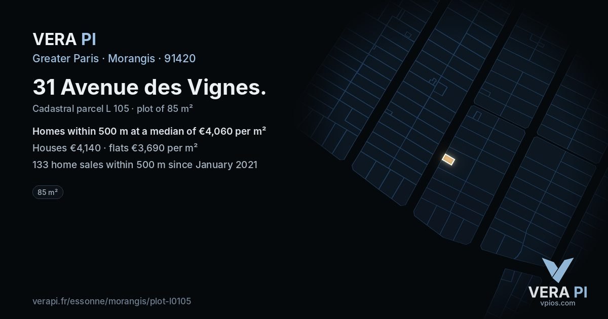 31 Avenue des Vignes, Morangis at night – the plot lit, the parcels around coloured by the prices near them