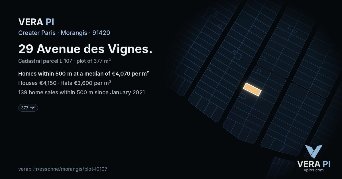 29 Avenue des Vignes, Morangis at night – the plot lit, the parcels around coloured by the prices near them