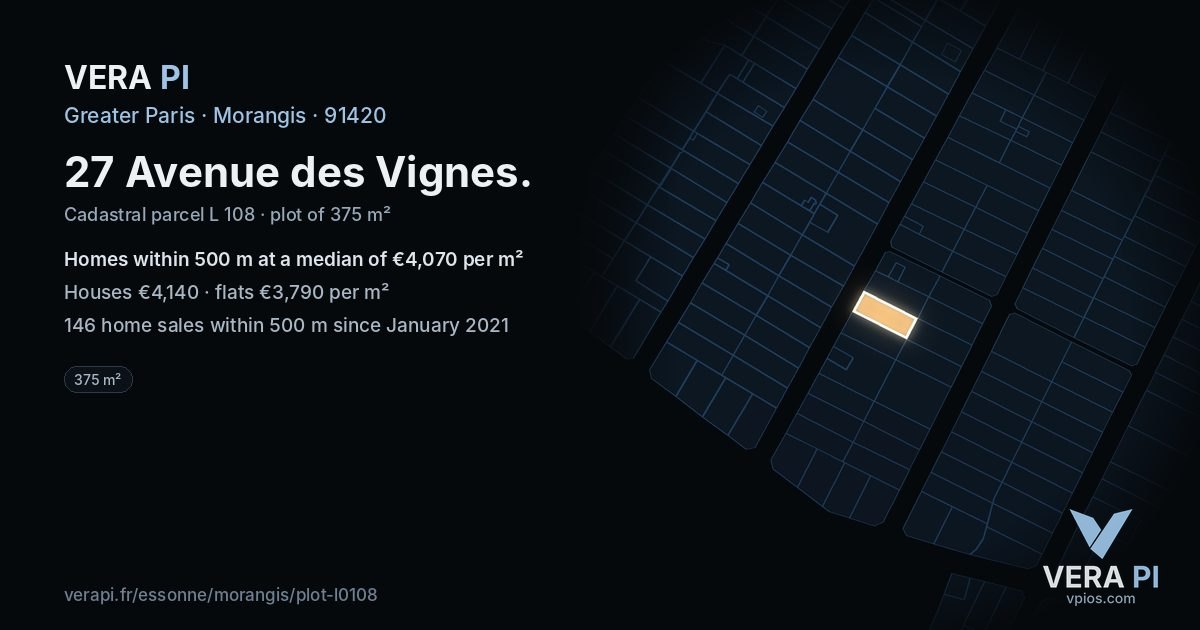 27 Avenue des Vignes, Morangis at night – the plot lit, the parcels around coloured by the prices near them