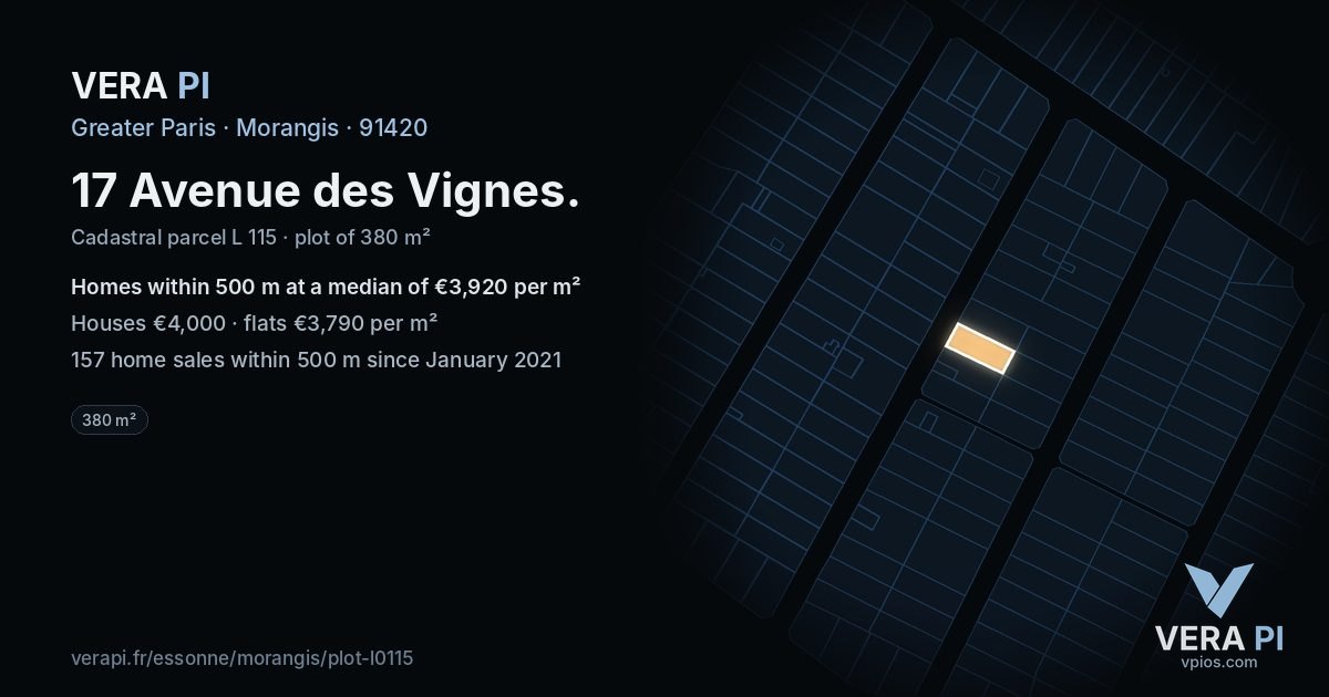 17 Avenue des Vignes, Morangis at night – the plot lit, the parcels around coloured by the prices near them