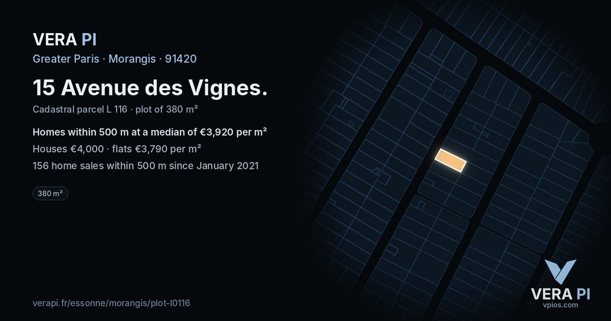 15 Avenue des Vignes, Morangis at night – the plot lit, the parcels around coloured by the prices near them