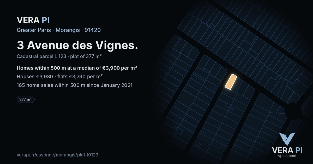 3 Avenue des Vignes, Morangis at night – the plot lit, the parcels around coloured by the prices near them