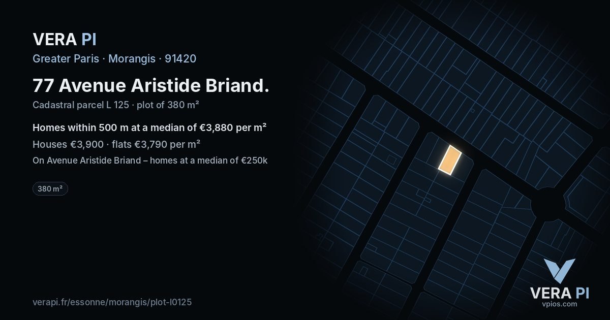 77 Avenue Aristide Briand, Morangis at night – the plot lit, the parcels around coloured by the prices near them